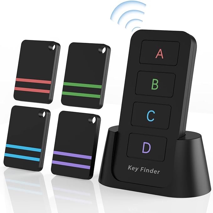 Buscador de control remoto, paquete de 4 dispositivos Find My Keys | Buscador remoto para pegar en el buscador remoto, etiquetas de seguimiento para llaves de automóvil y teléfonos | Alcance de 120
